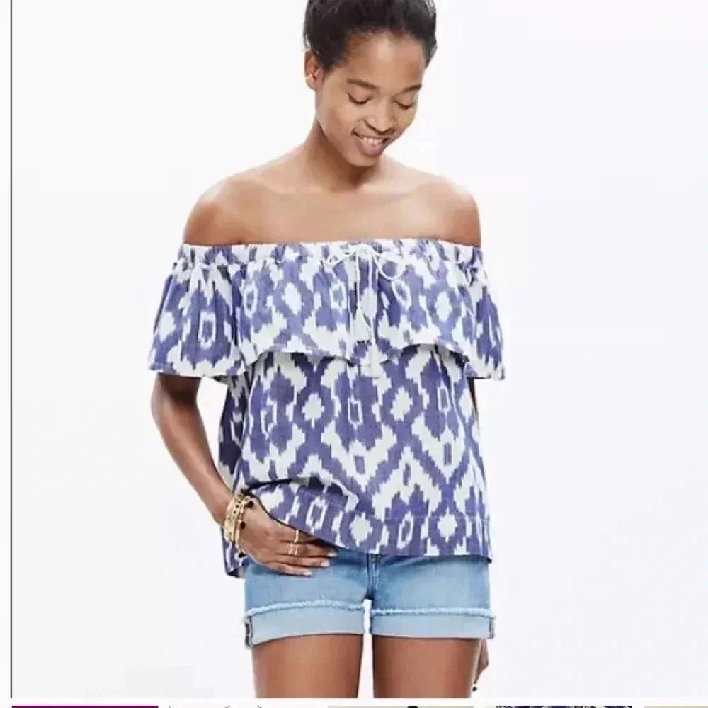 Madewell‎ off the shoulder balcony blouse bohemian indigo blue top shirt size XS